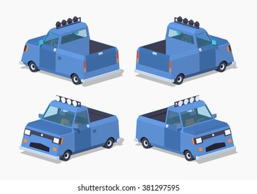 Blue pickup truck. 3D lowpoly isometric vector illustration. The set of objects isolated against the white background and shown from different sides