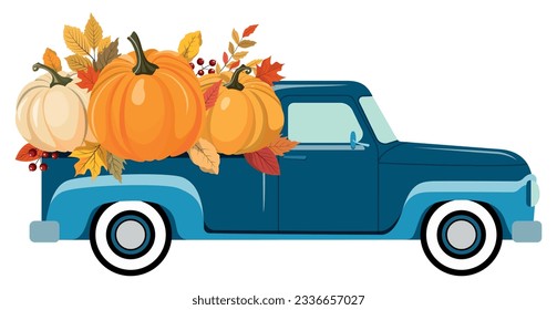 Blue pickup truck with colorful fall pumpkins. Happy Thanksgiving, Harvest season design. Vector illustration. Isolated on white background.