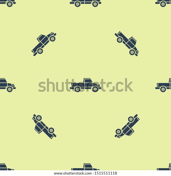 Blue Pickup truck icon isolated\
seamless pattern on yellow background.  Vector\
Illustration
