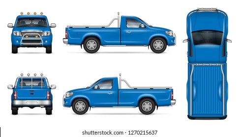 Blue Pickup Truck Vector Mockup On White Background For Vehicle Branding, Corporate Identity. View From Side, Front, Back, And Top. All Elements In The Groups On Separate Layers For Easy Editing