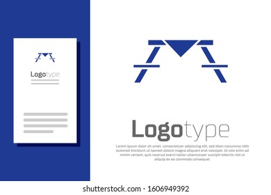 Blue Picnic table with benches on either side of the table icon isolated on white background. Logo design template element. Vector Illustration