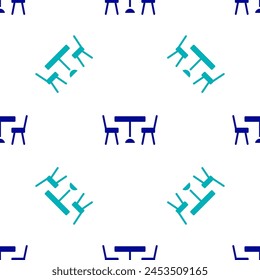 Blue Picnic table with chairs on either side of the table icon isolated seamless pattern on white background.  Vector