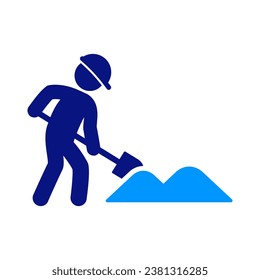 A blue pictogram of a man digging a pile of dirt. Website Under Maintainance. Work in Progress. Cleaning up the mess. Coal Miner. Development projects. Service, Installation Area.