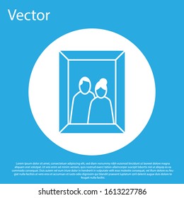 Blue Picture frame on table icon isolated on blue background. Valentines Day symbol. White circle button. Vector Illustration