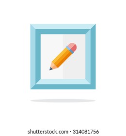 Blue picture frame with pencil. Vector illustration.