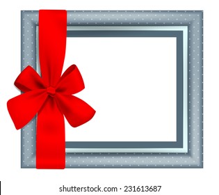 Blue picture frame with a red bow on white background