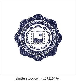 Blue picture icon inside distressed rubber grunge texture stamp