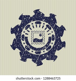 Blue picture icon inside distressed rubber stamp with grunge texture