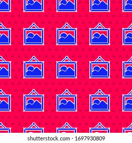 Blue Picture landscape icon isolated seamless pattern on red background.  Vector Illustration