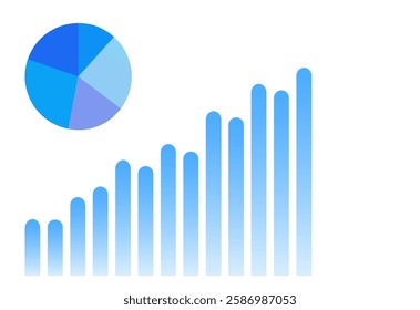 A blue pie chart appears next to a series of blue bars. The pie chart is divided into five sections, each with a different color