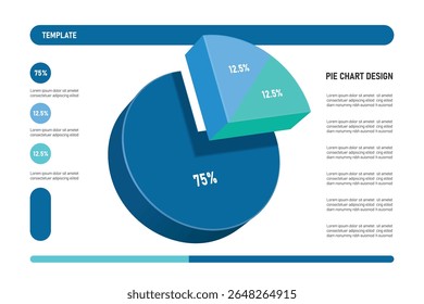 Blue pie chart, divided into 3 colors 100%, divided into 3 parts: 75% and 12.5% There are 2 parts for investment infographic design, profit sharing of organizations or companies, vector 3d isolated