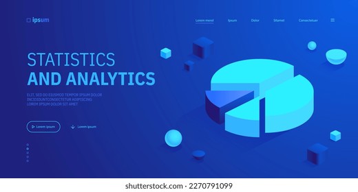 Blue Pie Diagramm Symbol in isometrischer Ansicht. Statistik und Analyse. Fortschrittsbericht, Wachstumsdatengrafiken, Finanzanalysediagramm. Vektorgrafik zur Visualisierung der Geschäftsdarstellung
