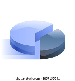 Blue pie chart with two slice icon in isometric view. Statistics, analytics, growth data graphics, financial analysis diagram, business presentation. Vector illustration isolated on white background