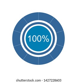 Blue pie graph and chart with 100 percentage. Vector graphic illustration of flat design.