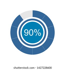 Blue pie graph and chart with 90 percentage. Vector graphic illustration of flat design.