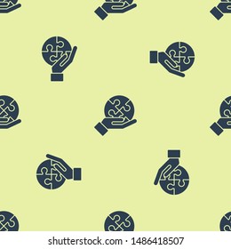 Blue Piece of puzzle in hand icon isolated seamless pattern on yellow background. Business, marketing, finance, template, layout, infographics concept.  Vector Illustration