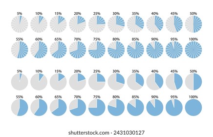 Blue piechart with segments and slices. 100 percent round section graph. Circular structure divided into pieces. Pie diagram template. Set schemes. Blue circle chart. Vector illustration