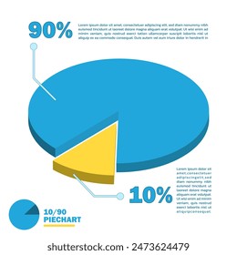 Blue Piechart vector design for Presentaion Infographic, Data Template in flat design, 90 percents Diagram, Graph for Business Banner and Ads