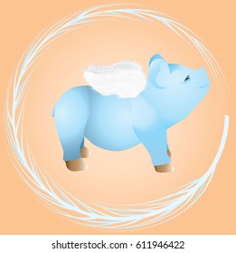 Blue Pig with feather wings abstract vector illustration on orange background.