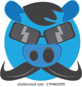 
blauer Schweinekopf mit sehr eleganter Frisur und Schnurrbart