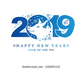 Blue Pig pattern 2019. Silhouette of cute pig head. Vector element for New Year's design. 