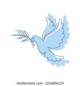 Blue pigeon silhouette, dove of peace with olive branch. Vector hand drawn illustration for world peace. 