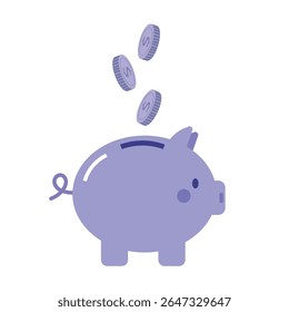 a blue piggy bank with coins on it. a place to save money. coins going into the piggy bank. coins falling on the piggy bank. suitable for business theme