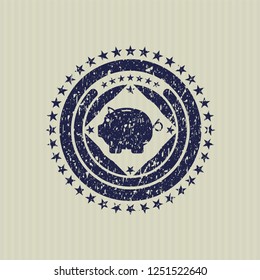 Blue piggy bank icon inside distress grunge style stamp
