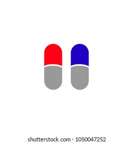 Blue pill and red pill on white background