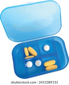 Blue pillbox with yellow and white compressed pills and tablets. Pill organizer for pharmacological  treatment with top view or high angle and vectorized.