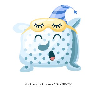 Blue pillow. Cartoon style character design. Pillow with sleep mask. The concept of a sleeping. Vector illustration isolated on white background. Web site page and mobile app design.