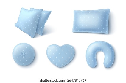 Almofada azul e almofada 3d conjunto com padrão de bolinhas brancas. Formas decorativas doces - retangular e bolster, redondo e coração, viagem de pescoço. Roupa de cama bonito para meninos ou meninas quarto, projetos de bebê.