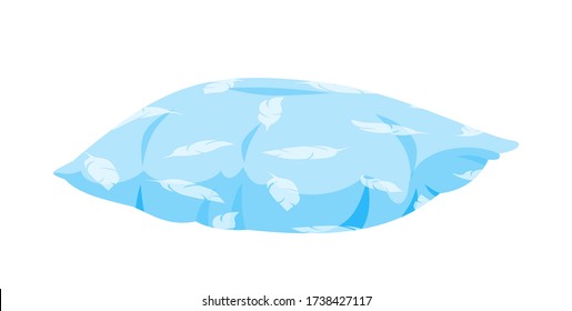 almohada azul con dibujos de plumas planas. Suave, tumbado en la cama, sofá. Pluma, tela ecológica de bambú. Colorido diseño de cojines cuadrados. Isolación en ilustración vectorial blanca