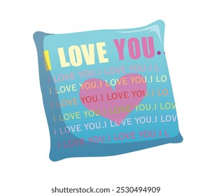 Blue pillow with the repeated phrase "I love you" in various colors. Romantic, love, heart, Valentine's Day, gift, decoration, cushion