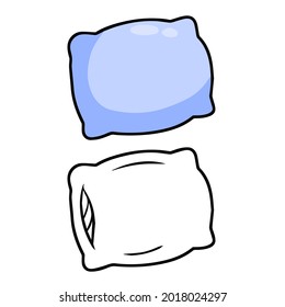 Blue pillow. Soft cushion. Element of bedroom and bed for sleep. Color and black and white hand drawn picture. Cartoon flat illustration