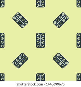 Blue Pills in blister pack icon isolated seamless pattern on white background. Medical drug package for tablet: vitamin, antibiotic, aspirin.  Vector Illustration