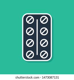 Blue Pills in blister pack icon isolated on green background. Medical drug package for tablet: vitamin, antibiotic, aspirin.  Vector Illustration