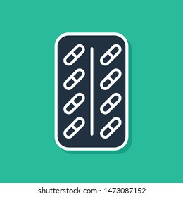 Blue Pills in blister pack icon isolated on green background. Medical drug package for tablet: vitamin, antibiotic, aspirin.  Vector Illustration