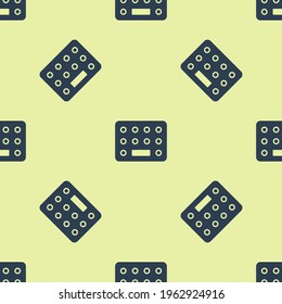 Blue Pills in blister pack icon isolated seamless pattern on yellow background. Medical drug package for tablet, vitamin, antibiotic, aspirin.  Vector Illustration