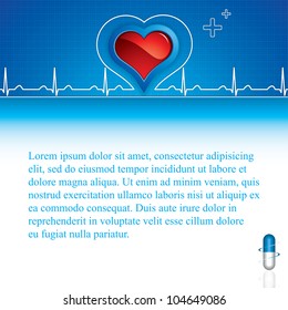 Blue pills, heartbeat on blue medical background, vector