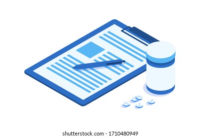 Blue pills lay on a table next to a round package. Nearby lies the patient’s medical history and information about the treatment of the virus. Isometric isolated vector set of doctor.