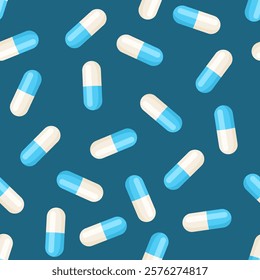 Blue pills seamless pattern. Medications background. Vector cartoon flat illustration of medical capsules