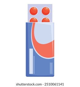 Blue pills strip packaging with round red tablets inside standing on white background