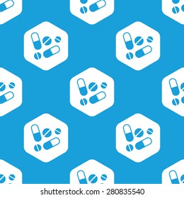 Blue pills and tablets image in white hexagon, repeated on blue