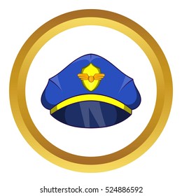 Blue pilot cap with badge vector icon in golden circle, cartoon style isolated on white background