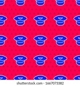 Blue Pilot hat icon isolated seamless pattern on red background.  Vector Illustration