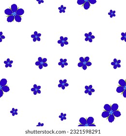 Blue pimpernel pattern, seamless pattern, small size flower, repeating tile, simple color and design, white colored background, vector illustration, flat color flower, random position flower