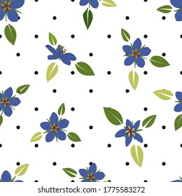 Blauer Impernell, floraler, flacher Entwurf, Vektorgrafik, mit schwarzem Polka-Punkte-Hintergrund, nahtloses Muster