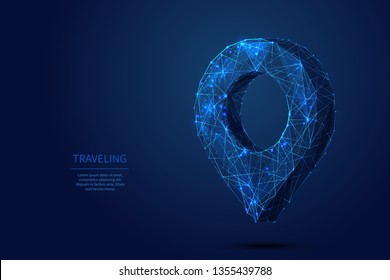 Blue pin composed of polygon. Traveling digital concept. Low poly vector illustration of a starry sky or Cosmos. The pin sign consists of lines, dots and shapes. Wireframe light connection structure