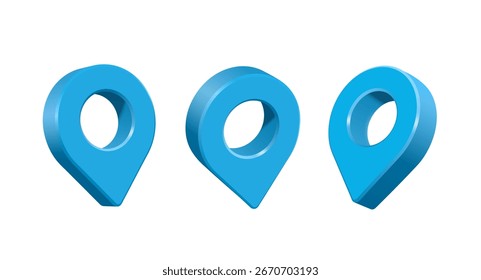 Ubicación de pin azul o mapa de pin en la aplicación GPS 3 ver lugar sobre fondo blanco, Vector 3d ilustración sobre fondo aislado para el diseño publicitario 